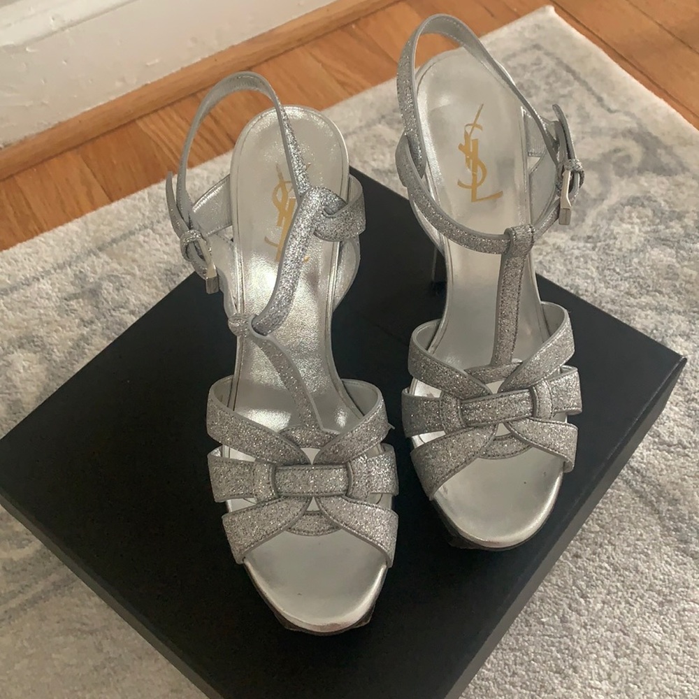 YSL silver glitter tribute sandals in size 38!